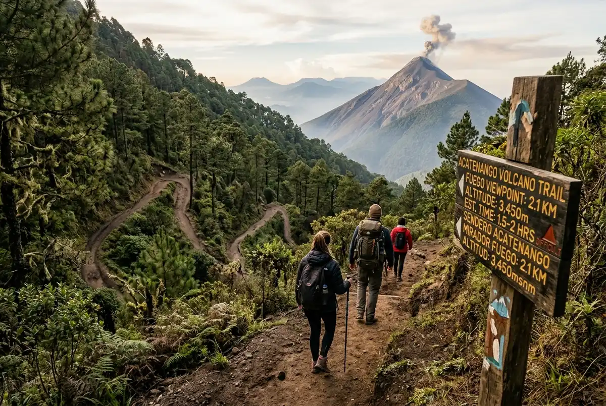 Hikers on a long forested switchback trail on Acatenango volcano with a distance marker post visible, volcan de fuego hike length and trail stats scene
