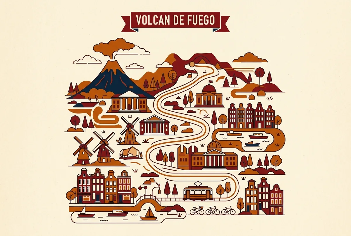 Trail stats infographic showing distance, hours, and elevation gain for the volcan de fuego hike from trailhead to base camp and summit ridge