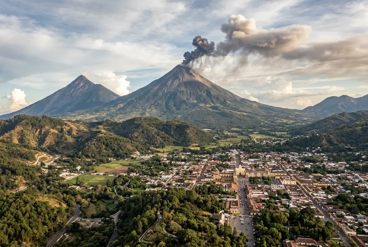 Aerial style daytime view of Volcan de Fuego's cone rising above surrounding farmland with Antigua Guatemala visible in the distance, showing its location relative to the city