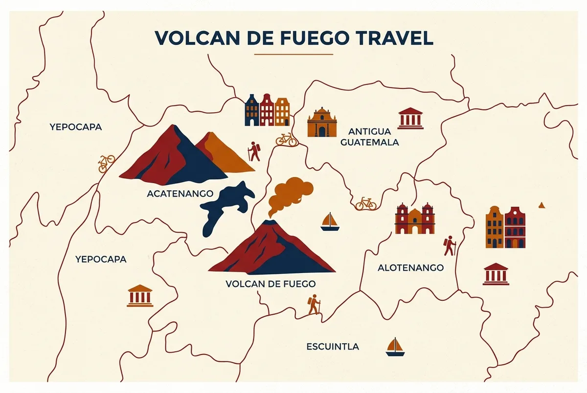 Simple labeled map showing Volcan de Fuego, Acatenango and Antigua Guatemala with the surrounding municipalities of Yepocapa, Alotenango and Escuintla marked, minimalist map style with no numbers