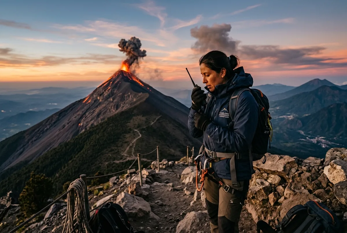Guide checking a two way radio at a safe ridge viewpoint on Acatenango with Volcan de Fuego erupting in the distance at dusk, illustrating volcan de fuego safety on a licensed tour route