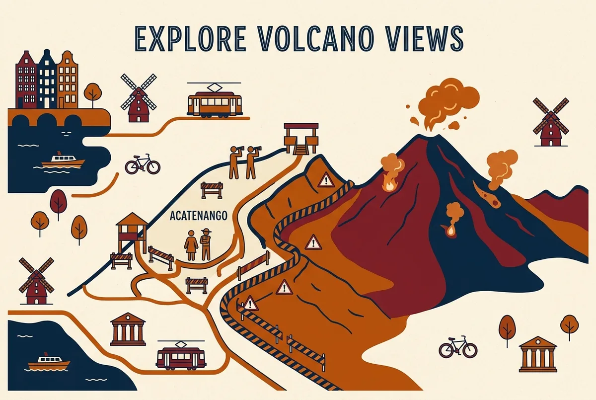 Simple labeled map style infographic showing a safe monitored viewing zone on Acatenango's ridge kept separate from a marked hazard zone around Volcan de Fuego's active slopes, minimalist safety infographic style with no numbers
