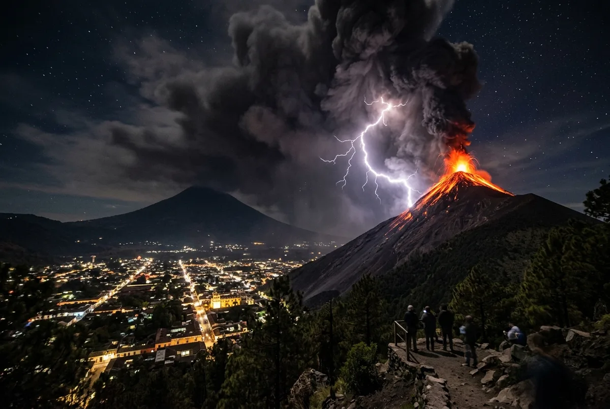 Dramatic nighttime long exposure of Volcan de Fuego erupting with a bolt of volcanic lightning arcing through a dense gray ash column above the crater