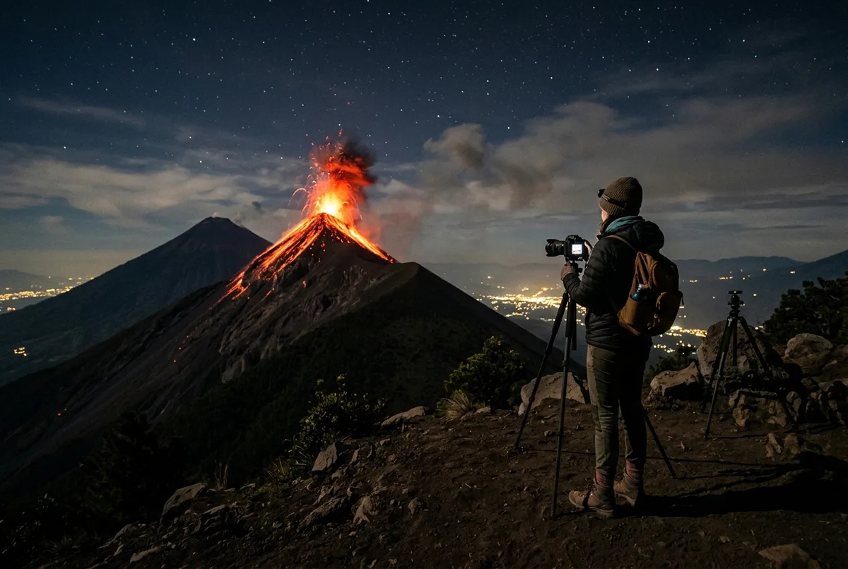 Photographer with a tripod and camera watching Volcan de Fuego erupt at night from a safe distant ridge, glowing lava visible against the dark sky, volcan de fuego webcam viewing scene