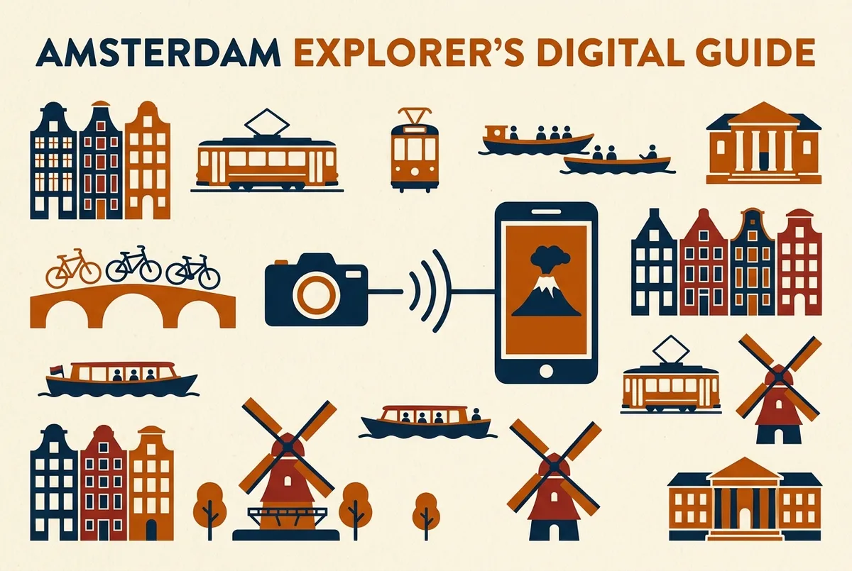 Simple icon style infographic showing a camera icon connected by a signal line to a smartphone screen displaying a volcano silhouette, minimalist tech infographic style with no numbers