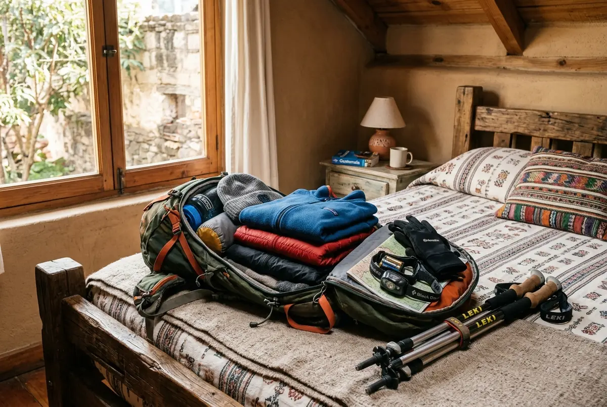 Backpack laid open on a guesthouse bed in Antigua Guatemala showing layered jackets, gloves, a headlamp and trekking poles packed for the acatenango volcano hike