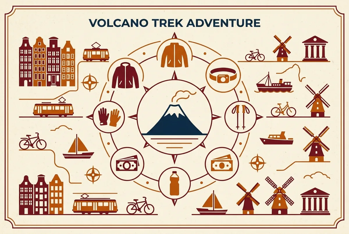 Simple packing checklist infographic showing icons for a jacket, gloves, headlamp, trekking poles, cash, and water bottle arranged around a volcano silhouette